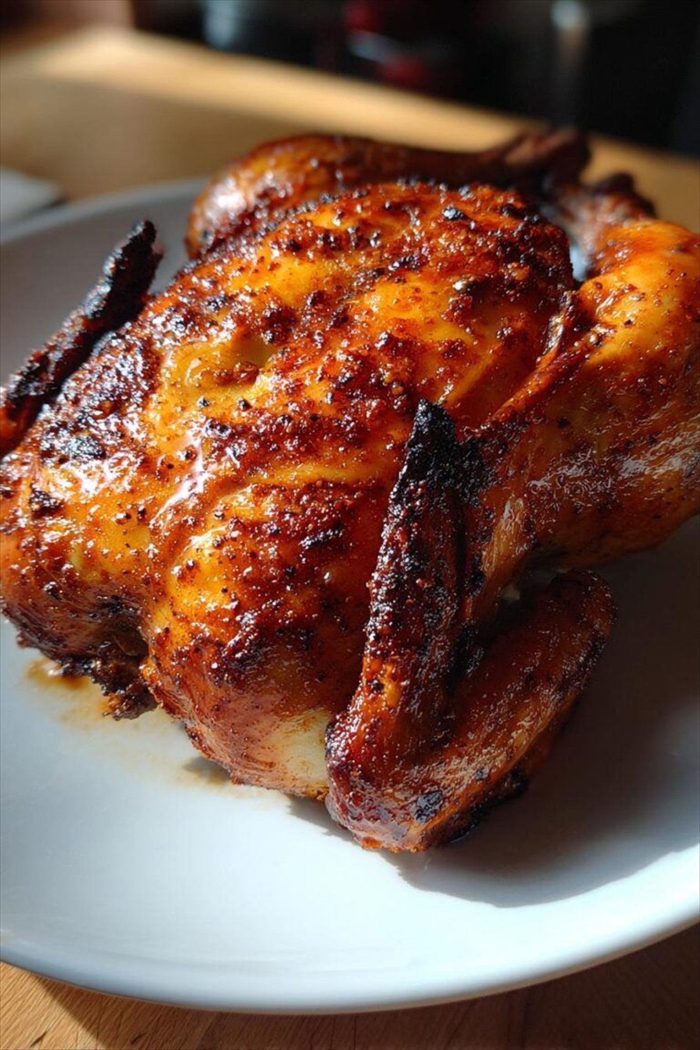Frango inteiro assado na brasa servido no prato